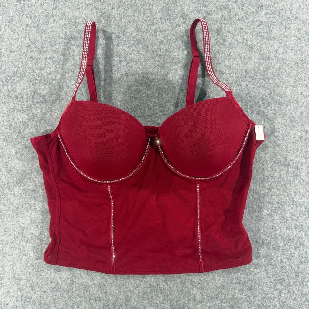 Victorias Secret PINK Red Mesh Rhinestone Corset Top Lightly Lined Bustier L
